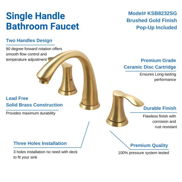 Oakland Wide Spread Bathroom Sink Faucet with Pop Up Drain in Satin Gold Model# KSB8232SG