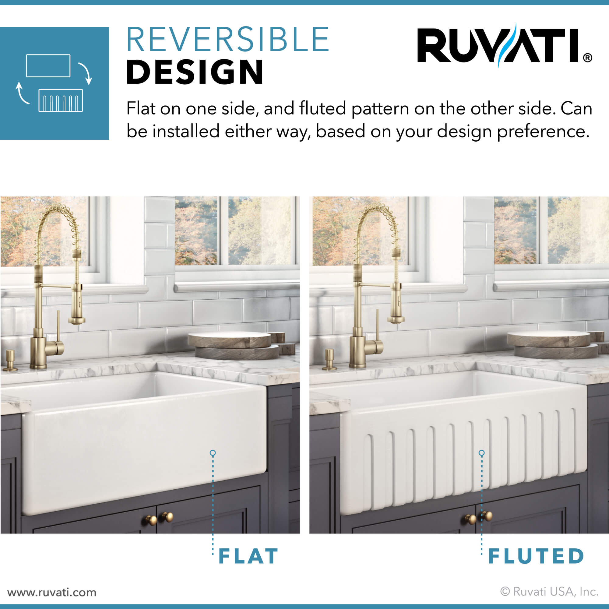 Fiamma Model: RVL2300SW Ruvati 33 x 20 inch Fireclay Reversible Farmhouse Apron-Front Kitchen Sink Specialty Finish – Distressed White – RVL2300SW