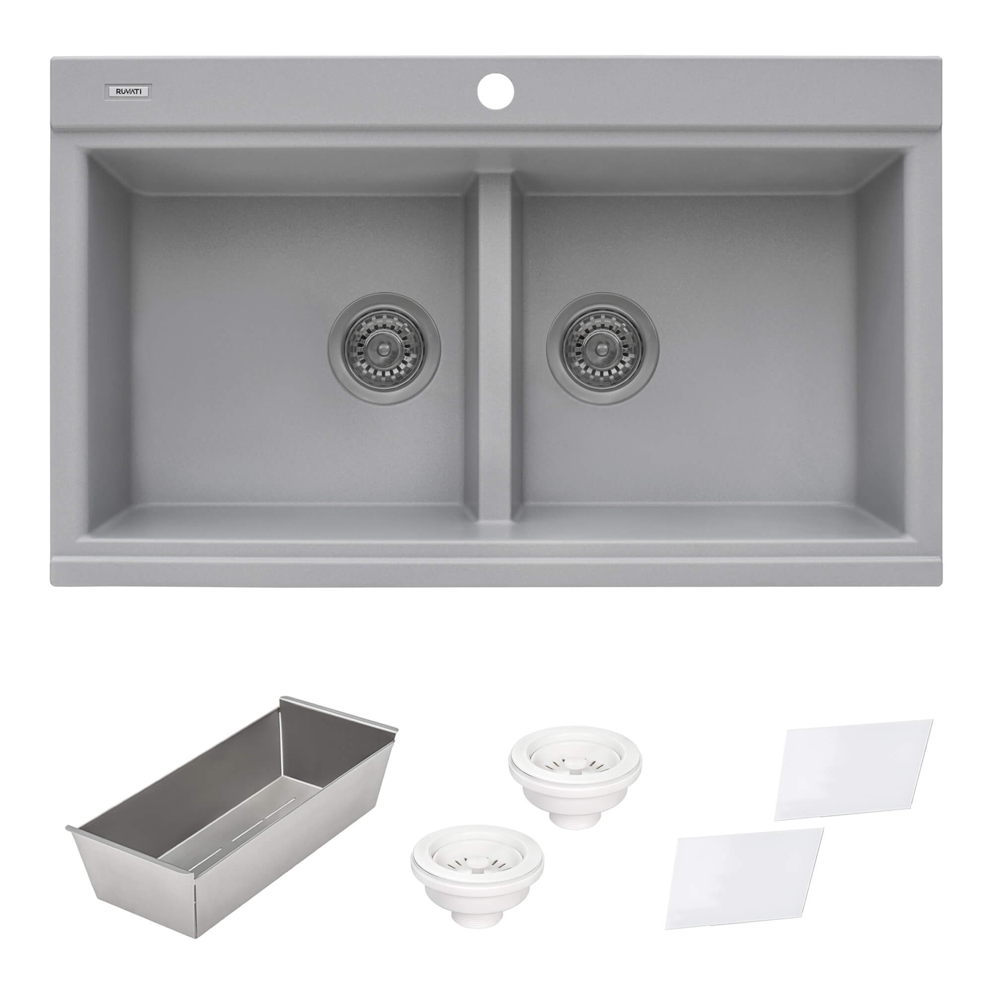epiGranite Model: RVG1350GR Ruvati 34 inch epiGranite Drop-in Topmount Workstation Ledge Granite Composite Quartz Kitchen Sink – Silver Gray – RVG1350GR