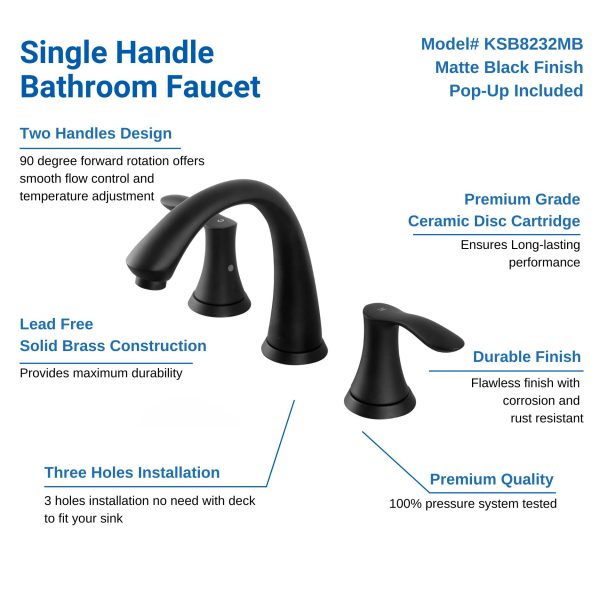 Oakland Wide Spread Bathroom Sink Faucet with Pop Up Drain in Matte Black Model# KSB8232MB