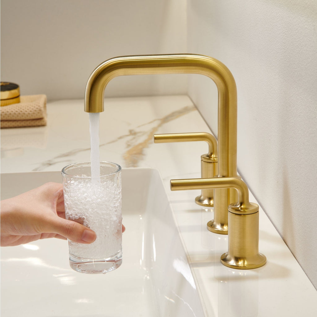 Oakland Wide Spread 2 Handle Bathroom Sink Faucet with Pop Up Drain in Satin Gold – Model #KSB8236SG
