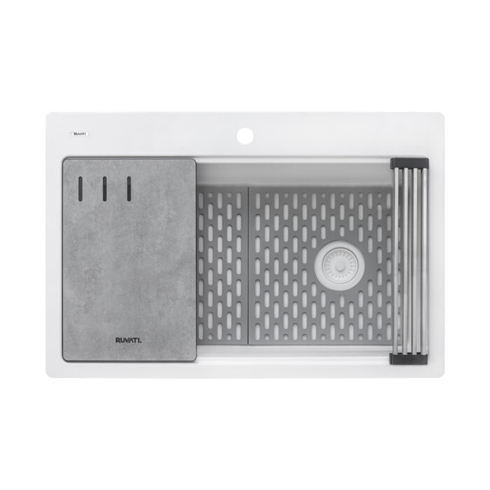 epiStage Ruvati 33-inch Granite Composite Workstation Drop-in Top Mount Kitchen Sink Matte White – Model# RVG1302WH