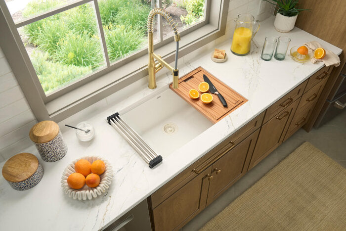 Seneca Model: RVF1233SG Ruvati Seneca Brushed Gold Single Handle Pull Down Kitchen Faucet Tall High Arc Commercial with Pre-Rinse Sprayer – RVF1233SG