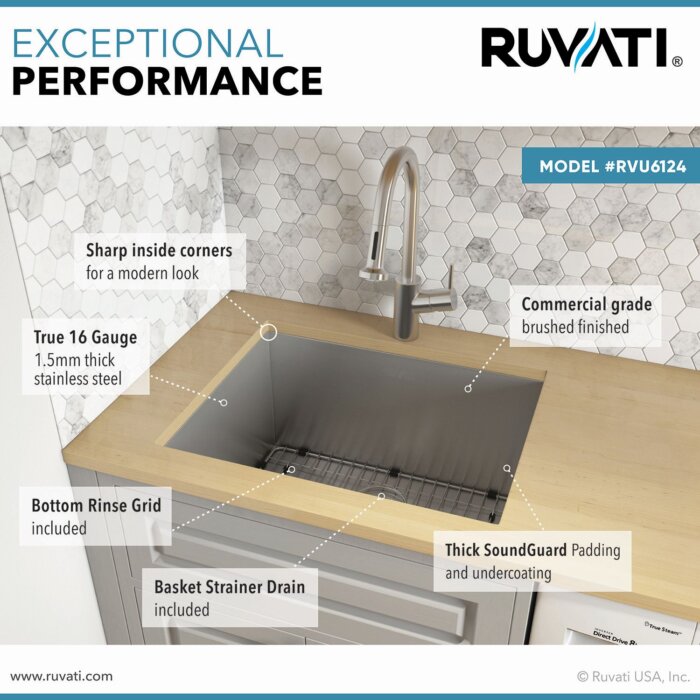 Savona Ruvati 24″ x 18″ x 13″ Deep Laundry Utility Sink Undermount 16 Gauge Stainless Steel – Model# RVU6124