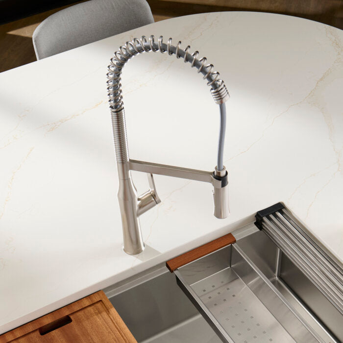 Seneca Model: RVF1233BN Ruvati Seneca Stainless Steel Single Handle Pull Down Kitchen Faucet Tall Spring Commercial with Pre-Rinse Sprayer – RVF1233BN