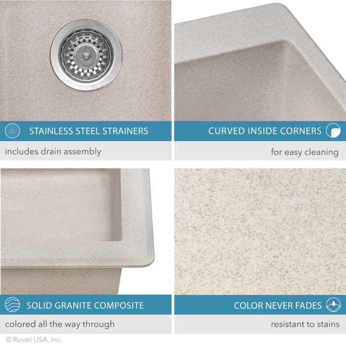 epiGranite Model: RVG1344CS Ruvati 33 x 22 inch epiGranite Drop-in Topmount Granite Composite Quartz Double Bowl Kitchen Sink – Caribbean Sand – RVG1344CS