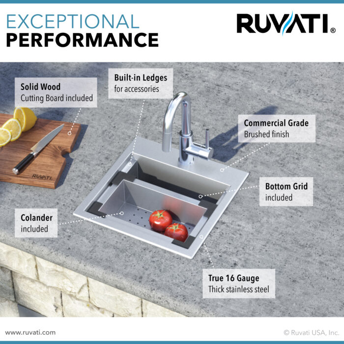 Vino Ruvati 15 x 15"Workstation Drop-in Topmount Bar Prep RV Sink 16 Gauge Stainless Steel – Model # RVH8215
