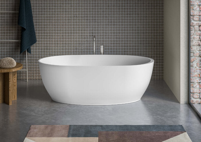 Canali Ruvati 59-inch Matte White epiStone Solid Surface Oval Freestanding Bathtub Canali – Model# RVB6744WH