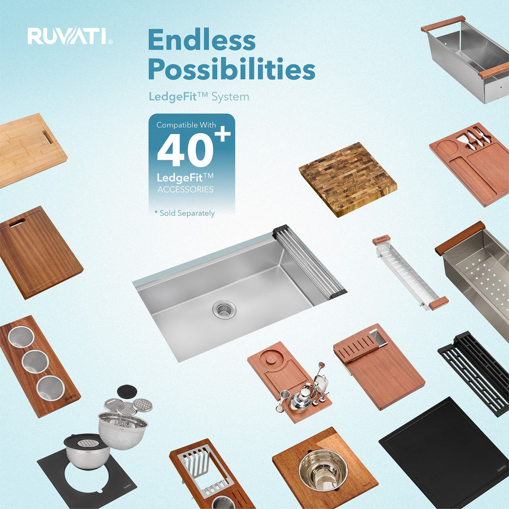 Roma Pro Model: RVH8303 Ruvati 33-inch Workstation Ledge Rounded Corners Undermount 16 Gauge Kitchen Sink Single Bowl – RVH8303