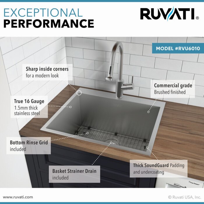 Forma Ruvati Topmount Laundry Utility Sink 25″ x 22″ x 12″ Deep 16 Gauge Stainless Steel – Model# RVU6010