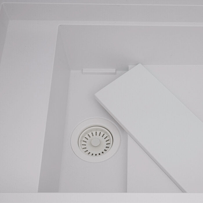 epiStage Model: RVG1650WH Ruvati 18 x 34 inch Granite Composite Quartz Workstation Kitchen Sink epiStage Dual Mount Single Bowl – Arctic White Matte – RVG1650WH