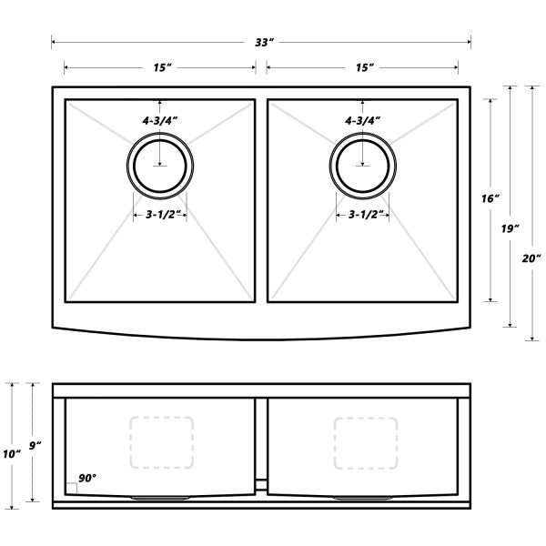 Oakland 33″ Zero Radius, Farmhouse 16 Gauge Stainless Steel Double Bowl Kitchen Sink Model# KSF332010D