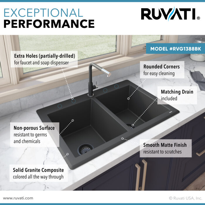 epiGranite Model: RVG1388BK Ruvati 33 x 22 inch epiGranite Drop-in Topmount Granite Composite Quartz Double Bowl Kitchen Sink – Midnight Black – RVG1388BK