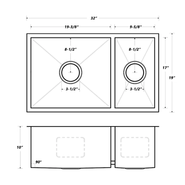32″ Undermount Stainless Steel 70/30 or 30/70 Double Bowl Kitchen Sink - Model #KSH321910BS