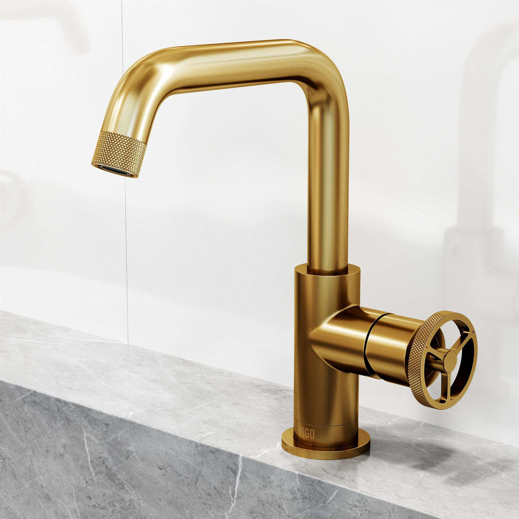 VIGO - Cass Single Hole Bathroom Faucet with Knurled Wheel Handle In Matte Brushed Gold Model# VG01047MG