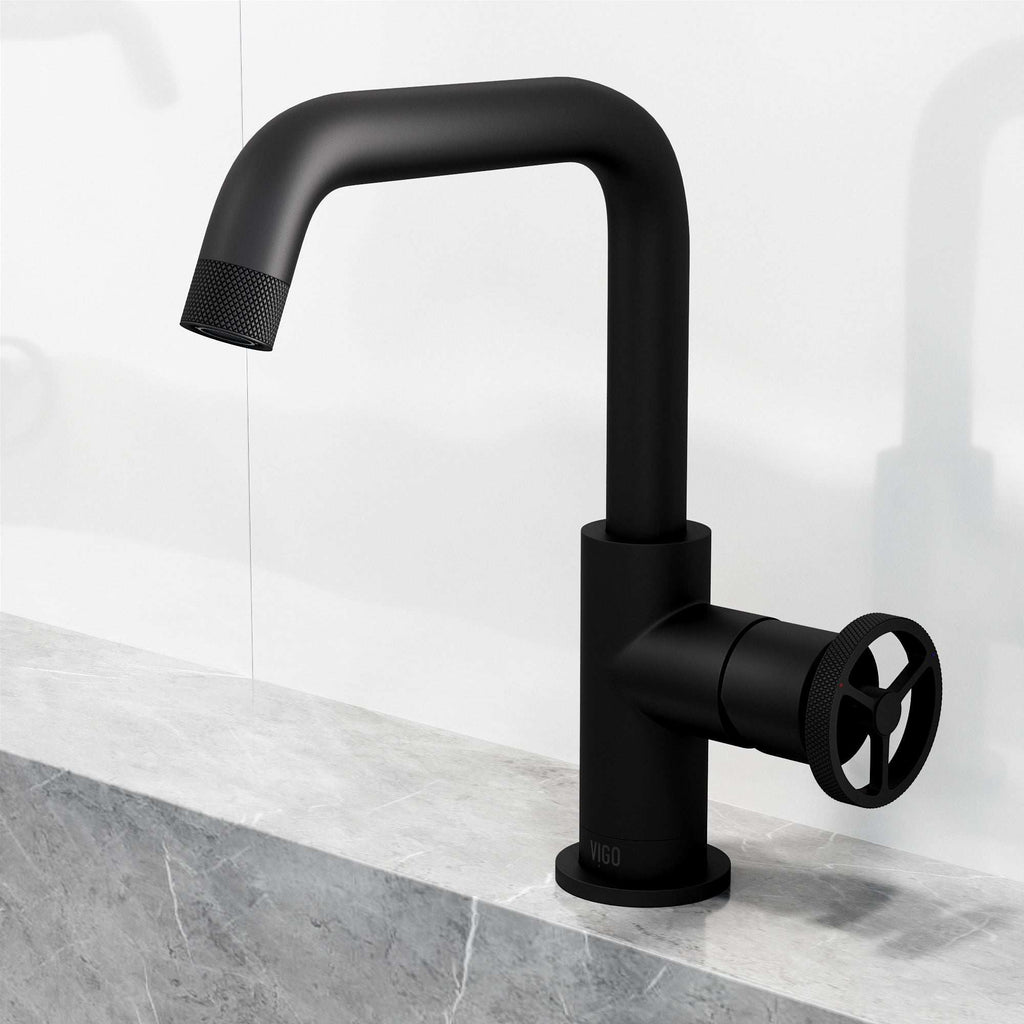 VIGO - Cass Single Hole Bathroom Faucet with Knurled Wheel Handle In Matte Black Model# VG01047MB