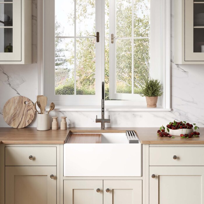 Ruvati 24 inch Fireclay Workstation White Farmhouse Kitchen Sink Apron Front Single Bowl – RVL2484WH