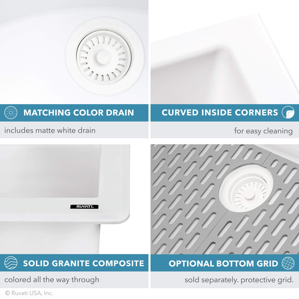 epiGranite Model: RVG1033WH Ruvati 33 x 22 inch epiGranite Drop-in Topmount Granite Composite Quartz Single Bowl Kitchen Sink – Arctic White Matte – RVG1033WH