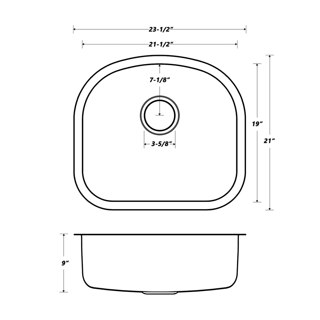 Oakland 23" D Shape Undermount Stainless Steel Single Bowl Kitchen Sink Model# KSU23219B