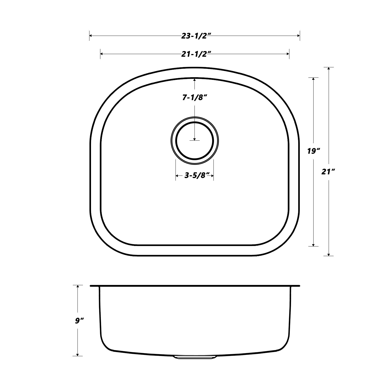 Oakland 23" D Shape Undermount Stainless Steel Single Bowl Kitchen Sink Model# KSU23219B