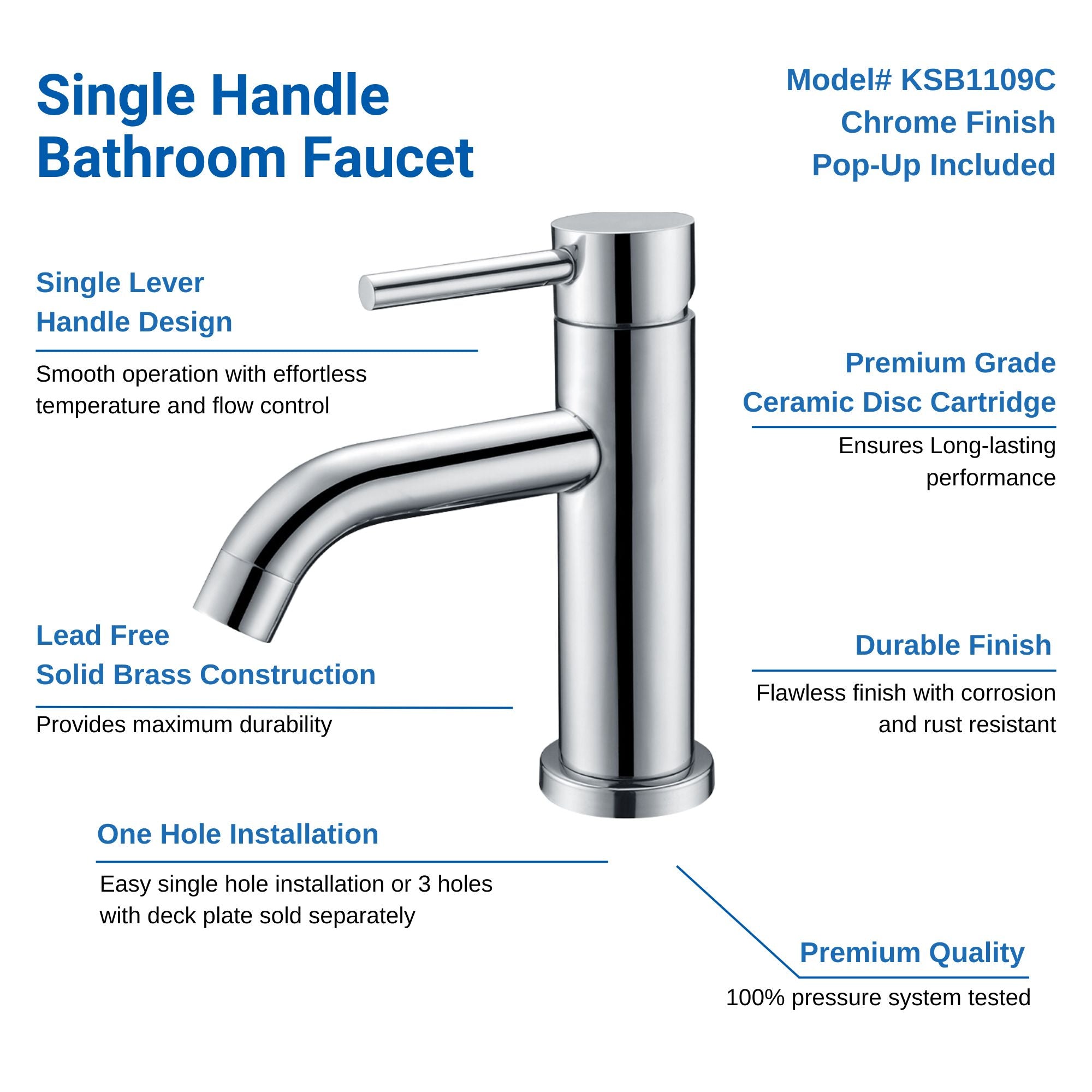 Oakland Single Handle Bathroom Sink Faucet with Pop Up Drain In Chrome Model# KSB1109C