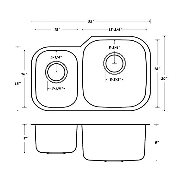 Oakland 32″ x 20″ Undermount Stainless Steel Unequal 40/60 Double Bowl Kitchen Sink Model# KSU322079B