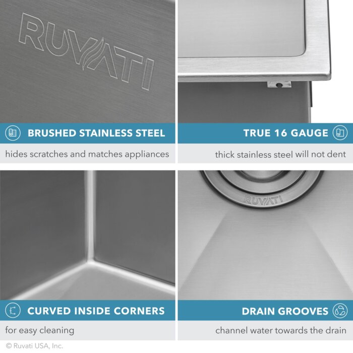 Forma Pro Ruvati Top Mount Laundry Utility Sink 27" x 22" x 12" Rounded Corners Deep 16 Gauge Stainless Steel – Model# RVU6027