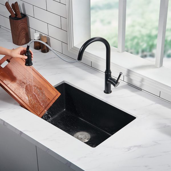 Oakland 27″ Undermount Granite Composite Single Bowl Kitchen Sink In Black Model# KGU27189BK