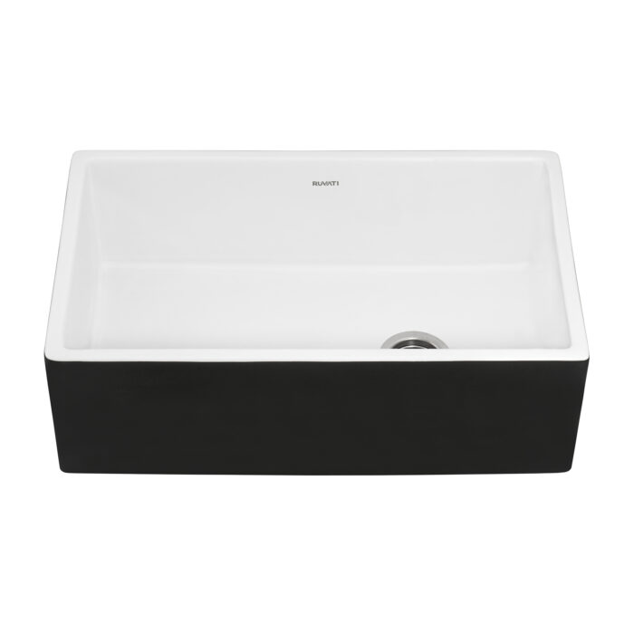 Fiamma Model: RVL4018RBW Ruvati Black and White 30-inch Fireclay Farmhouse Offset Drain Kitchen Sink Single Bowl – RVL4018RBW