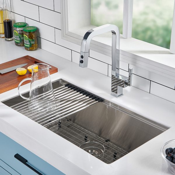 Oakland 32″ Workstation Under Mount Kitchen Sink 90 Degree Zero Radius in Stainless Steel Color Model# WSH321910SS