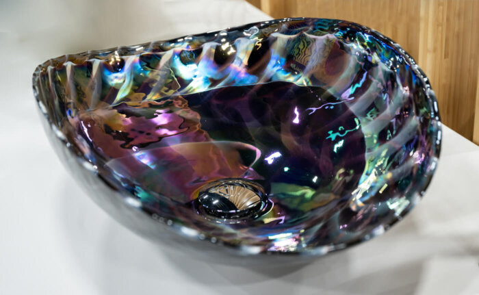 Murano Model: RVB3048 Ruvati 19 inch Murano Glass Art Vessel Seashell Decorative Pattern Bathroom Sink – Cosmic Black – RVB3048