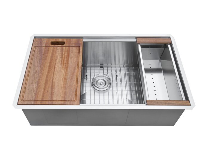 Roma Pro Ruvati 32-inch Workstation Ledge Rounded Corners Undermount 16 Gauge Kitchen Sink Single Bowl – Model # RVH8301