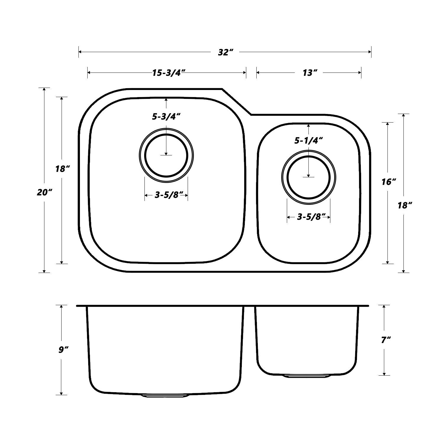 Oakland 32″ x 20″ Undermount Stainless Steel 60/40 Unequal Double Bowl Kitchen Sink Model# KSU322097