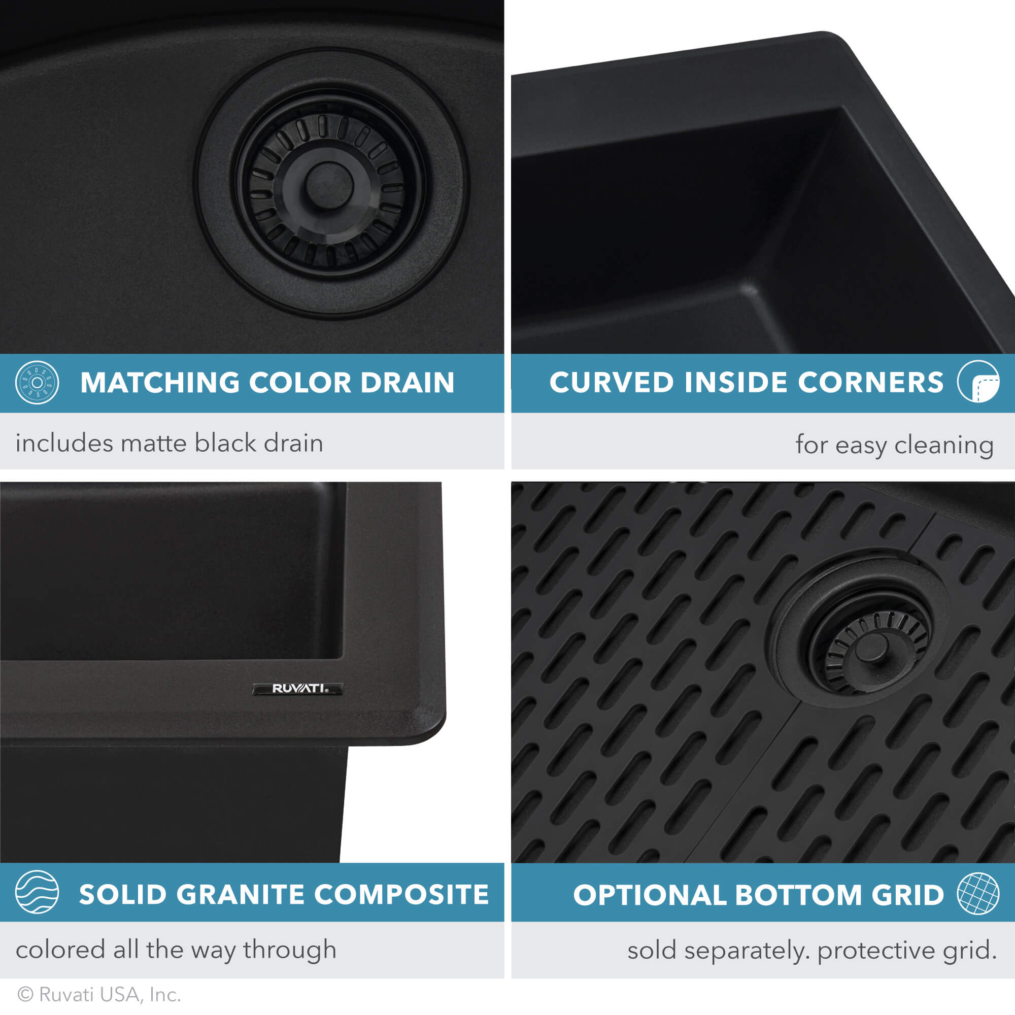 epiGranite Model: RVG1033BK Ruvati 33 x 22 inch epiGranite Drop-in Topmount Granite Composite Quartz Single Bowl Kitchen Sink – Midnight Black – RVG1033BK