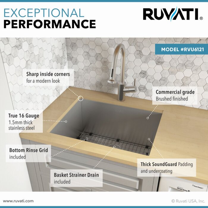 Savona Ruvati 21″ x 18″ x 12″ Deep Laundry Utility Sink Undermount 16 Gauge Stainless Steel – Model# RVU6121