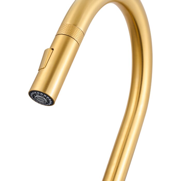 Vestia Model: RVF1237SG Ruvati Vestia Single Handle Pull Down Kitchen Faucet Knurled Modern Arc with Sprayer in Brushed Gold – RVF1237SG