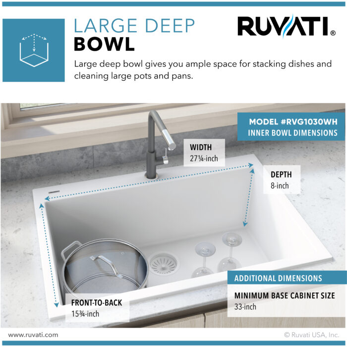 epiGranite Model: RVG1030WH Ruvati 30 x 20 inch epiGranite Drop-in Topmount Granite Composite Quartz Single Bowl Kitchen Sink – Arctic White Matte – RVG1030WH