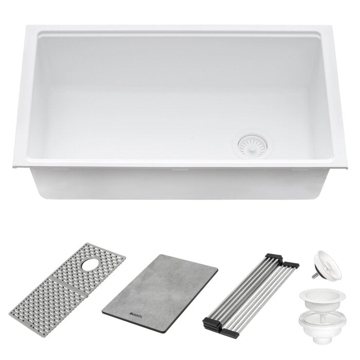 epiStage Ruvati 33" Granite Composite Workstation Undermount Kitchen Sink Single Bowl White – Model# RVG2302WH