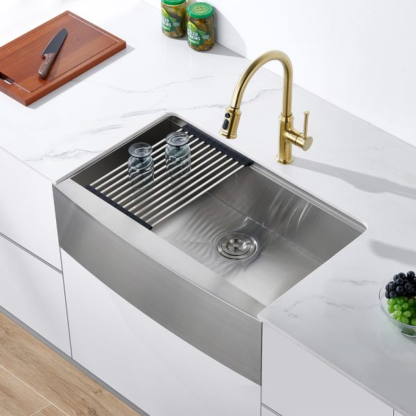 Oakland 33″ Workstation Farmhouse Kitchen Sink 90 Degree Square with Curved Front In Stainless Steel Model# WSF332110SS