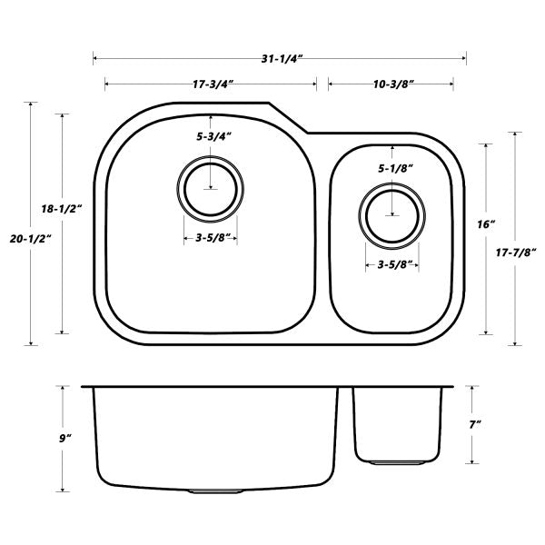 Oakland 32″ x 21″ Undermount Stainless Steel Double Bowl Kitchen Sink 70/30 Model# KSU322197B