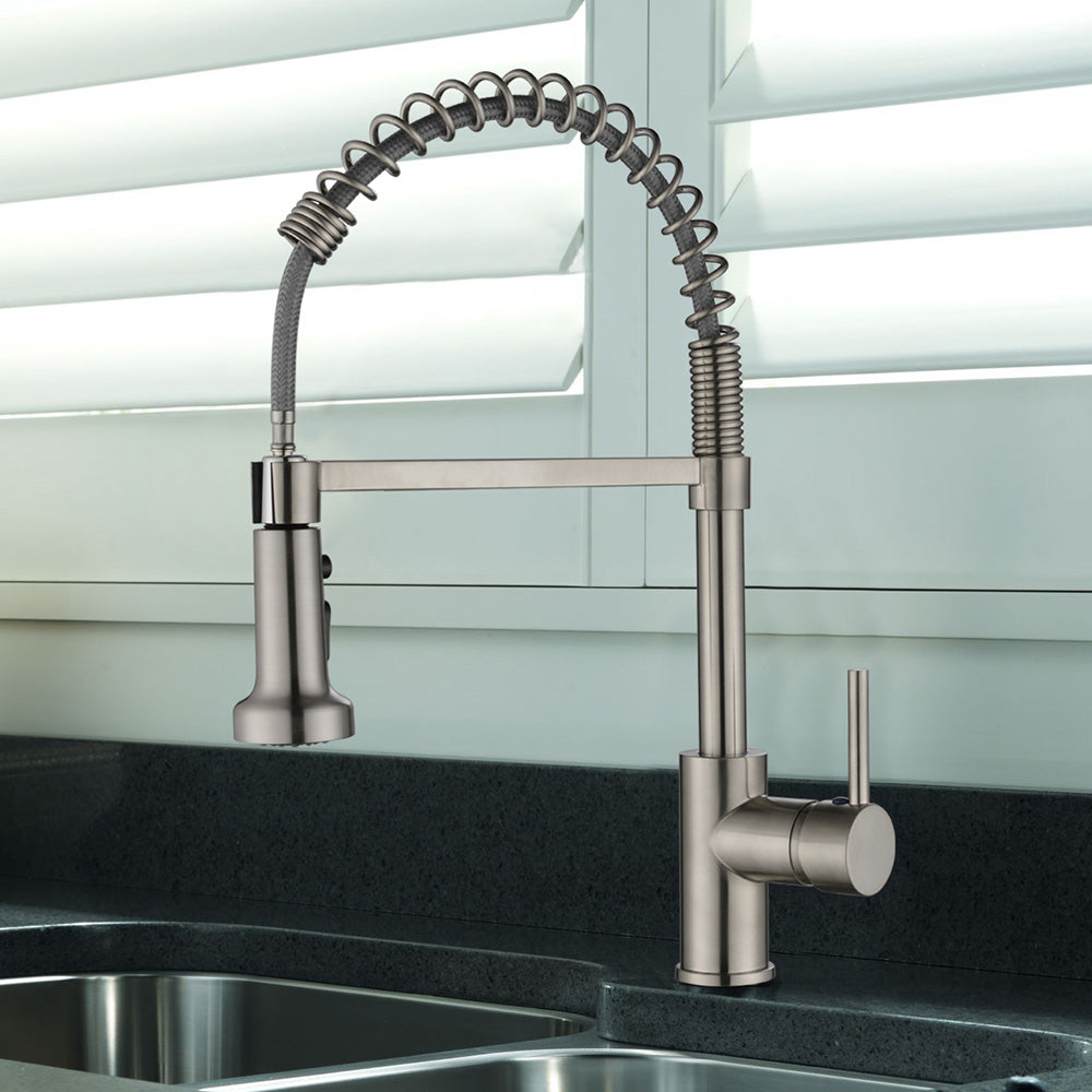 Single Handle 1 Hole Pull-Down Kitchen Faucet with Spring in Brushed Nickel Model# KSK1125BN