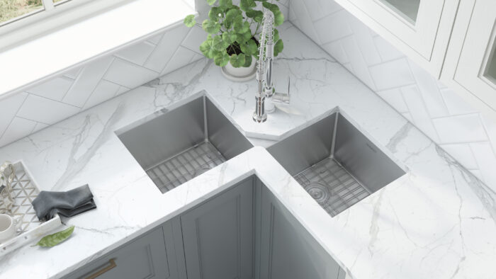 Gravena Ruvati Corner Butterfly Undermount Kitchen Sink 16 Gauge 44″ Double Bowl – Model # RVH8400