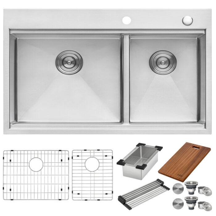 Siena Ruvati 33" x 22" Workstation Drop-in 60/40 Double Bowl Topmount Rounded Corners 16 Gauge Stainless Steel Ledge Kitchen Sink – Model # RVH8035