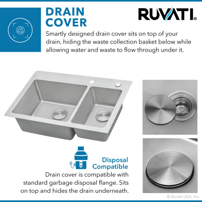 Modena Model: RVM5173 Ruvati 33 x 22 inch Drop-in Topmount Kitchen Sink 16 Gauge Stainless Steel 70/30 Double Bowl – RVM5173