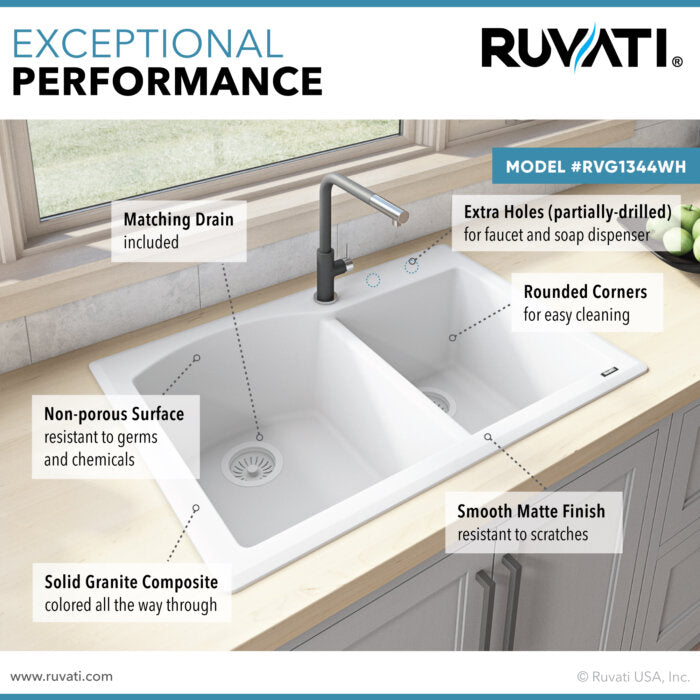 epiGranite Model: RVG1344WH Ruvati 33 x 22 inch epiGranite Drop-in Topmount Granite Composite Quartz Double Bowl Kitchen Sink – Arctic White Matte – RVG1344WH