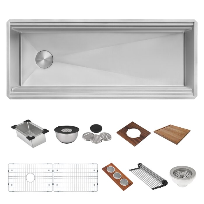Dual-Tier Pro Ruvati 45-inch Workstation Two-Tiered Ledge Kitchen Sink Undermount 16 Gauge Stainless Steel – Model# RVH6333ST