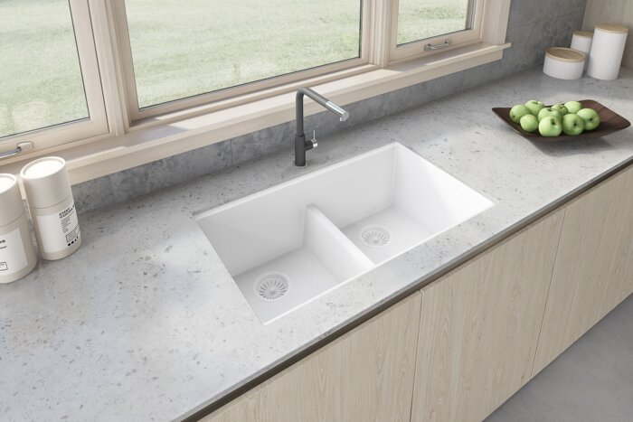epiGranite Model: RVG2385WH Ruvati 33 x 19 inch Granite Composite Quartz Undermount Double Bowl Low Divide Kitchen Sink – Arctic White Matte – RVG2385WH