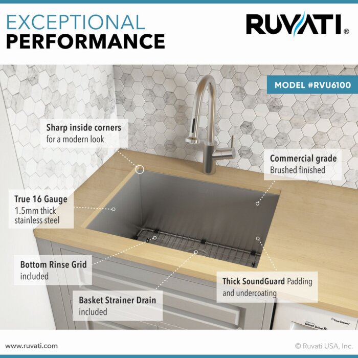 Savona Ruvati 23″ x 18″ x 12″ Deep Laundry Utility Sink Undermount 16 Gauge Stainless Steel – Model# RVU6100