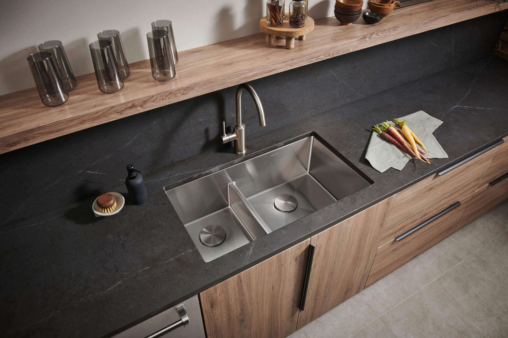 Urbana Ruvati 33-inch Low-Divide Undermount 40/60 Double Bowl 16 Gauge Rounded Corners Stainless Steel Kitchen Sink – Model# RVH7418
