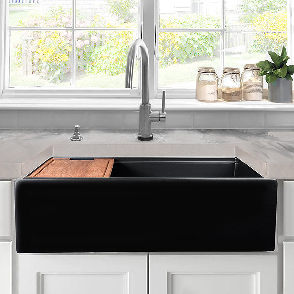 Nantucket Sinks - 36" Fireclay Farmhouse Workstation Single Bowl Kitchen Sink In Matte Black Model# T-PS36MB
